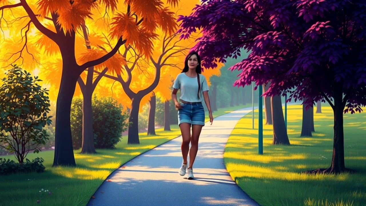 Subject: A woman walking briskly along a park path. Subject movement: The woman strides energetically, her pace quickening as she navigates through the lush greenery. Scene: A serene park path framed by tall trees and vibrant foliage, with dappled sunlight filtering through the leaves. Style: Bright, cheerful morning light enhances the natural colors of the landscape, creating an inviting atmosphere. Motion: The camera follows her from behind, smoothly tracking her movement as she walks forward, capturing the depth of the park around her.