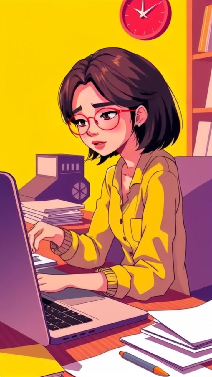 Subject: A young woman sitting at a desk cluttered with papers and a laptop. Subject movement: She leans forward thoughtfully, tapping her fingers on the desk. Scene: A cozy home office filled with scattered papers, a warm desk lamp illuminating her workspace. Style: Soft, ambient lighting creating a focus on her pensive expression. Motion: Camera gently pushes in on her face, capturing the subtleties of her contemplation.