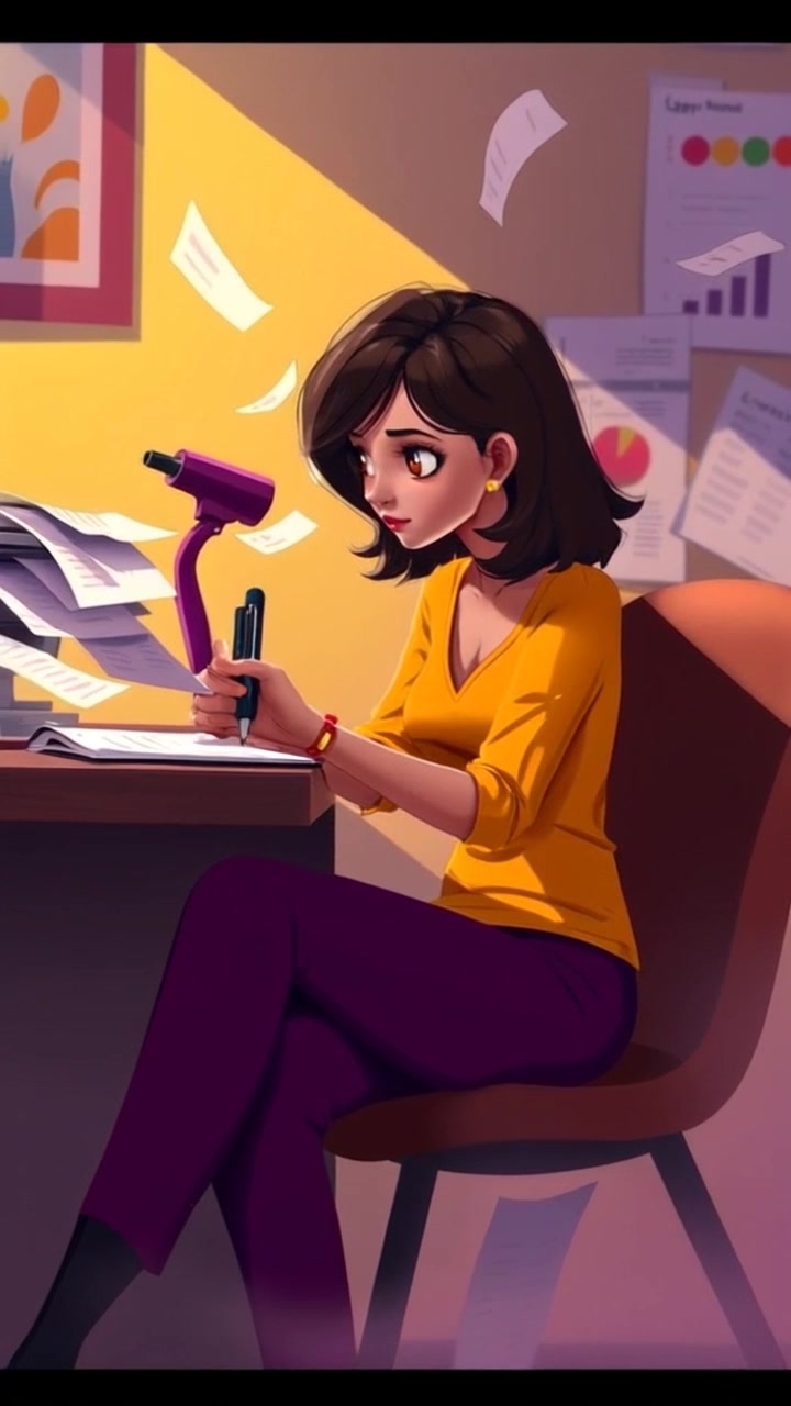 Subject: A host immersed in thought at a cluttered desk. Subject movement: The host pens down notes with a thoughtful expression, occasionally glancing up as if contemplating. Scene: The desk is strewn with papers, a notebook lies open, and the light casts soft shadows across the workspace. Style: Warm, inviting lighting that creates a cozy yet focused atmosphere. Motion: The camera starts with a close-up of the host's hand writing, then slowly pulls back to reveal the entire desk and the environment around her, capturing the essence of her deep contemplation.