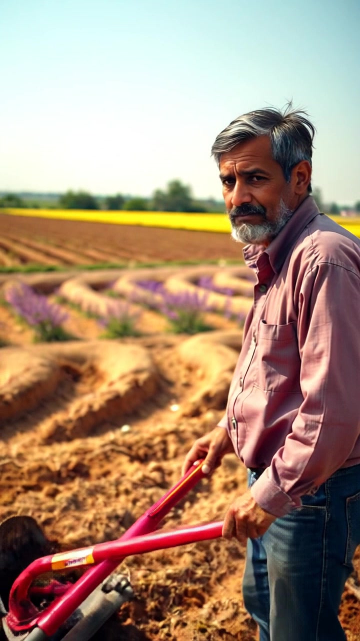 Subject: A middle-aged farmer passionately working in a field with a plow. Subject movement: The farmer pulls the plow through the rich, dark soil with steady determination. Scene: A vast agricultural field under a clear blue sky, with rows of freshly tilled earth stretching into the horizon. Style: Bright, midday light illuminating the landscape, creating a vibrant and dynamic atmosphere. Motion: Camera captures a smooth, sweeping shot across the field, slowly zooming in on the farmer as he maneuvers with the plow, highlighting the connection between him and the land.