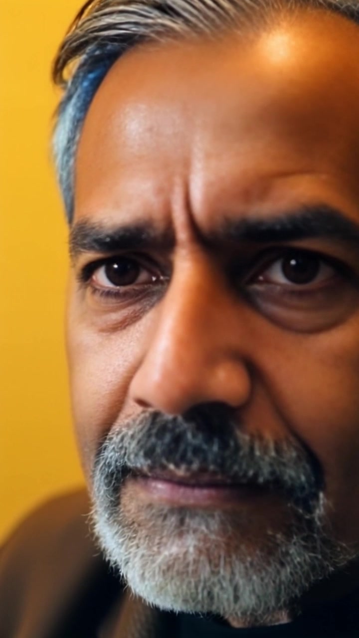 Scene: A close-up of a person's face, characterized by a cold expression that reflects a lack of empathy. Style: Dim, moody lighting contributing to an intense atmosphere. Motion: The camera slowly pushes in on the face, emphasizing the emotion, with subtle shifts in focus that highlight the contours and shadows of the features.