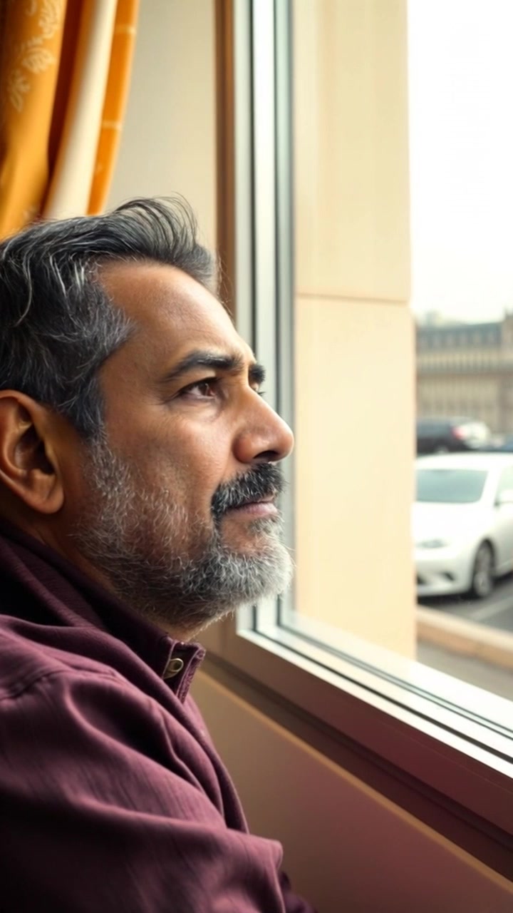 Subject: A contemplative figure gazing out of a window. Scene: Light pouring in from the window illuminates the room, where the subject reflects on life, surrounded by soft, muted decor. Motion: The camera slowly pushes in towards the subject's profile, capturing subtle changes in expression as soft, ambient morning light bathes the scene, creating an inviting and introspective atmosphere.