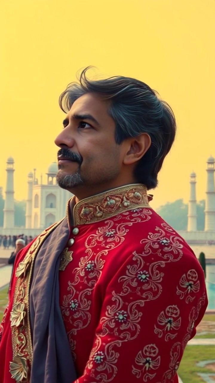 Subject: A person in regal Mughal attire. Subject movement: The figure gazes thoughtfully at the Taj Mahal, standing still in awe of its grandeur. Scene: A picturesque view of the Taj Mahal, framed by lush gardens and reflecting pools, with a clear blue sky in the background. Style: The warm soft light of late afternoon enhances the scene's beauty, casting gentle shadows. Motion: A slow, sweeping camera movement starts from the majestic architecture of the Taj Mahal, gliding towards the person, capturing the intricate details of both the attire and the monument in a harmonious composition.