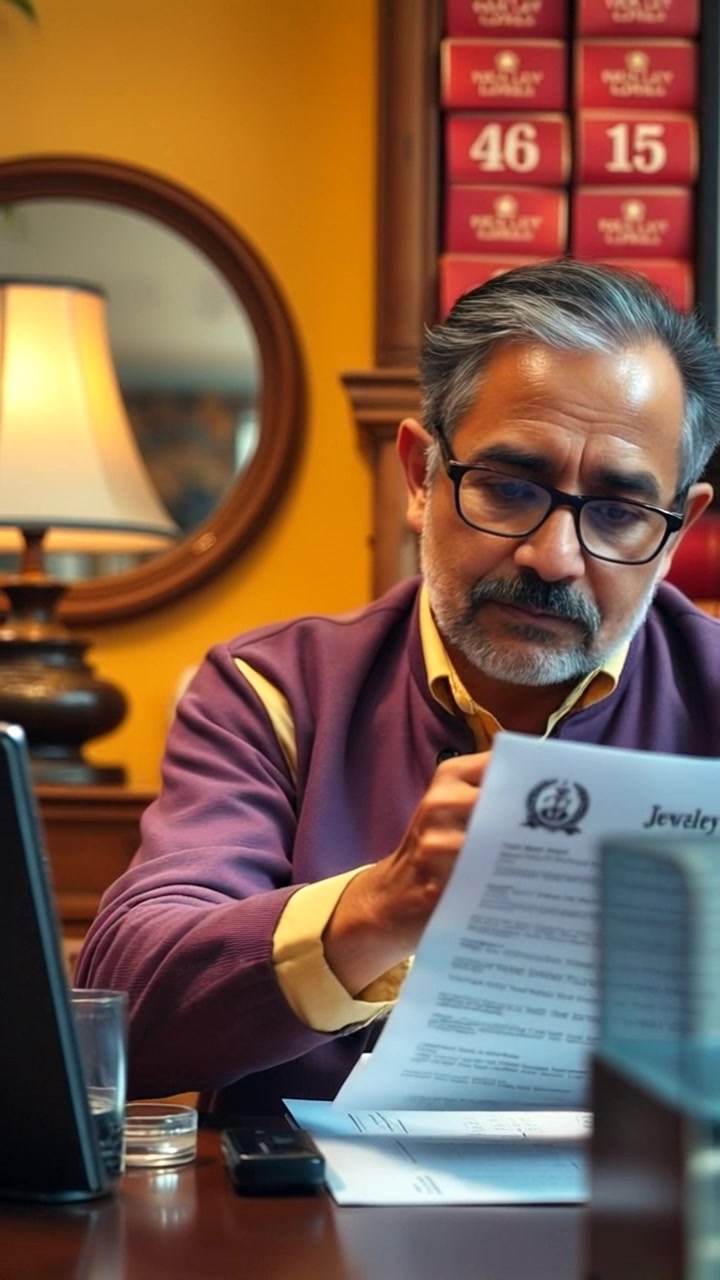 Subject: A person reviewing jewelry insurance documents at a desk. Subject movement: The individual leans forward, adjusting the papers and highlighting important sections with a pen, maintaining a focused expression. Scene: A cozy, well-lit home office filled with elegant decor and soft natural light filtering through a window. Camera: A steady handheld shot that moves closer to capture the details on the documents, then pulls back to show the person's concentration and the environment around them.