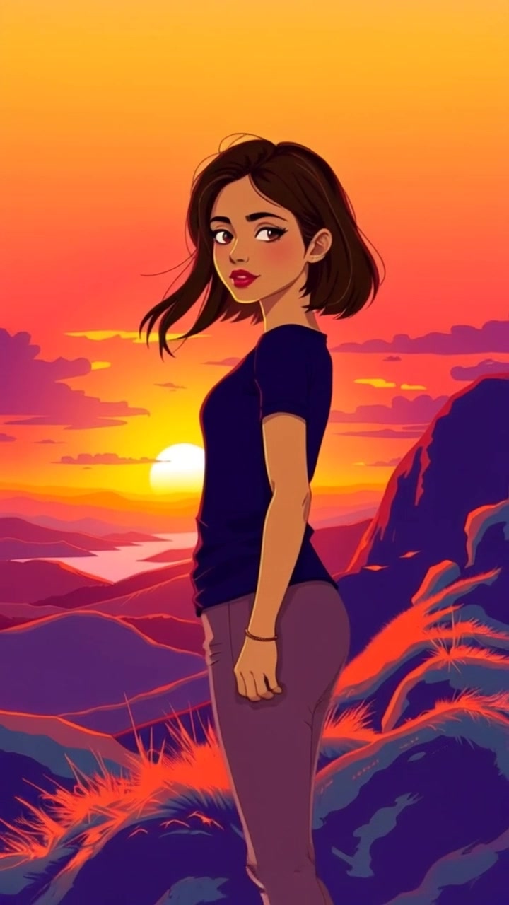 Subject: A person standing confidently on a hilltop. Subject movement: The person shifts slightly, gazing over the vast landscape. Scene: Scenic hilltop with an expansive view during sunset, the sky ablaze with hues of orange and purple. Style: Warm, inviting sunset lighting casting a soft glow on the landscape. Motion: Camera begins with a wide shot of the hilltop, then pushes in smoothly to a close-up of the person's expression, capturing their sense of wonder and tranquility.