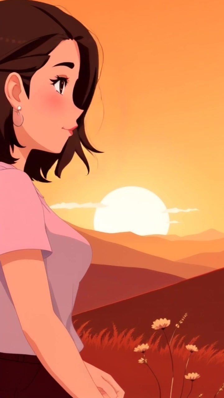 Scene: A serene hilltop during sunset, you standing contentedly with the vibrant sun dipping below the horizon behind you, casting warm, golden light across the landscape. Style: Soft, ambient lighting as the day transitions to twilight, creating a peaceful and reflective atmosphere. Motion: The camera slowly pans around you, capturing the expansive view of the valley below, while the warm hues of the sunset envelop the scene.