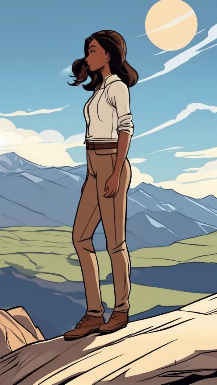 Subject: A young woman standing confidently on a mountain peak, gazing out over a vast landscape. Subject movement: She turns her head slightly, embracing the majestic view. Scene: Rugged mountain peak overlooking expansive valleys and distant hills, with a clear blue sky above. Style: Bright, natural lighting capturing the vibrant colors of the scenery. Motion: The camera starts with a close-up of her determined expression before pulling back to reveal the stunning landscape, creating a sense of grandeur and adventure.