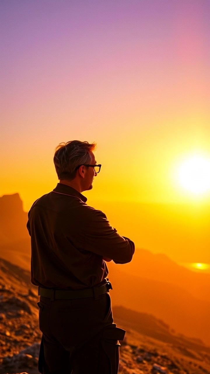 Subject: Omar standing on a hilltop. Subject movement: Omar gazes thoughtfully out over the scenic valley. Scene: Hilltop overlooking a vast, picturesque valley bathed in the warm hues of sunset. Style: Soft, golden-hour lighting that creates a warm, inviting atmosphere. Motion: The camera slowly pushes in on Omar, capturing the breathtaking landscape in the background as the colors of the sunset deepen and shift.