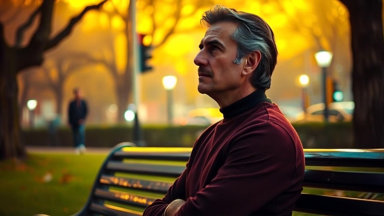 Subject: A person sitting alone on a park bench. Subject movement: The individual shifts slightly, looking up with a pensive expression, before returning to gaze at the ground. Scene: A serene park setting with trees swaying gently in the breeze, dappled sunlight filtering through the leaves. Style: Afternoon light, creating a warm yet melancholic atmosphere. Motion: Camera slowly pushes in, capturing the intricate details of the surroundings as it focuses on the subject's contemplative demeanor.