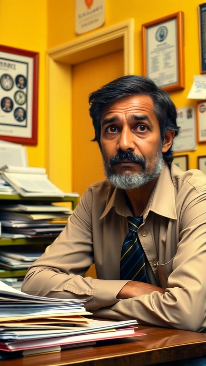 Subject: A contemplative individual named Raj sitting at a desk cluttered with paperwork. Scene: An office environment with papers strewn about, showcasing hints of a busy work life. Style: Natural morning light filtering through a nearby window, creating soft shadows and a warm atmosphere. Motion: The camera starts with a close-up shot of Raj's face as he stares off into the distance, gradually pulling back to reveal the chaotic scene around him, emphasizing his deep thoughts.