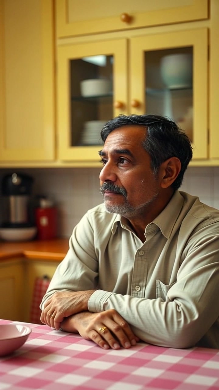 Subject: A person sitting at a kitchen table, deep in thought. Scene: Cozy kitchen setting with warm wooden accents, soft lighting illuminating the table. Motion: Camera gently pushes in on the person, capturing their contemplative expression, while the background remains softly blurred, creating an intimate atmosphere.