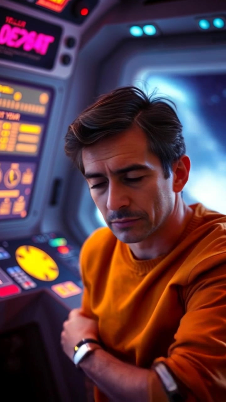 Subject: A focused individual intensely monitoring the control panel. Subject movement: He shifts nervously, wiping sweat from his brow as adrenaline courses through him. Scene: A dimly lit control room filled with blinking lights and screens, creating a tense atmosphere. Style: Moody light casting shadows across the panels, emphasizing the seriousness of the situation. Motion: Handheld camera tracking shot moves in closer to capture the individual's intense expression and the flickering monitors, heightening the suspense.