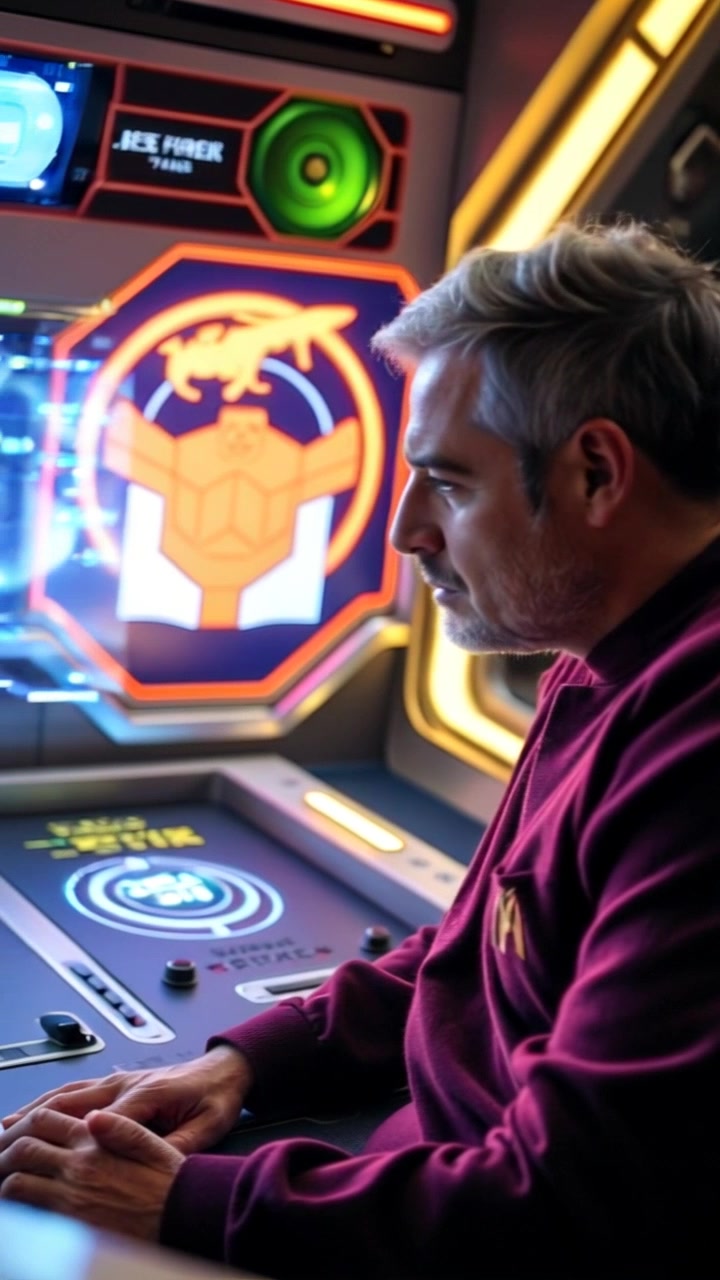 Subject: A person observing a holographic display at a control panel, looking inquisitive. Subject movement: The individual leans slightly closer to the display, tilting their head as they analyze the holographic data. Scene: A futuristic control room with glowing panels and high-tech equipment. Lighting: Ambient blue light illuminating the control panel and holographic display, creating a high-tech atmosphere. Motion: The camera pushes in slowly, capturing the individual’s facial expression and the dynamic holographic visuals, creating a sense of curiosity and engagement.