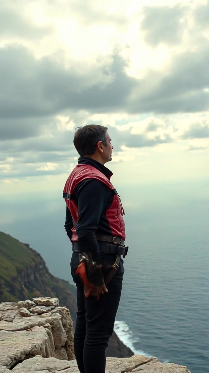 Subject: A figure standing on a rocky cliff. Subject movement: The figure gazes steadily at the distant sea, a gentle breeze cascading through their hair. Scene: Rocky cliff overlooking a vast ocean, against a backdrop of a cloudy, moody sky. Style: Overcast lighting creates a dramatic, subdued atmosphere as waves crash rhythmically below. Motion: The camera slowly pans out from the figure, capturing the cliff's rugged texture and the expansive sea beyond, accentuating the beauty and isolation of the scene.
