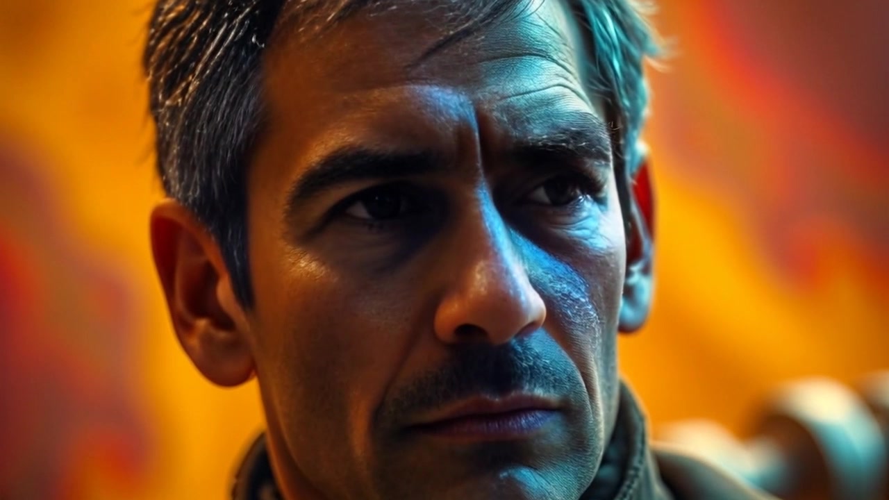 Subject: A focused individual deep in thought, displaying a determined expression as they consider the concerns of the villagers. Scene: An intimate close-up of the individual's face, revealing intricate details of emotion against a softly blurred background of the village setting. Lighting: Warm, diffused light creating a contemplative atmosphere. Motion: The camera slowly pushes in to emphasize the intensity of their expression, capturing the depth of their contemplation.