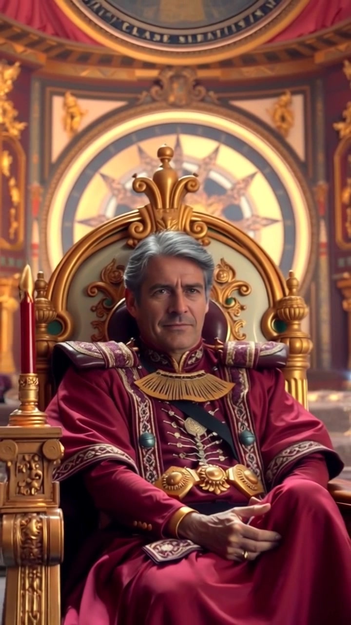 Subject: Omar sitting regally on a grand throne. Subject movement: He shifts his gaze thoughtfully, subtly adjusting his posture. Scene: An opulent palace room adorned with golden decorations, rich fabrics, and intricate artwork. Style: Warm, ambient lighting that enhances the luxurious atmosphere. Motion: The camera begins with a close-up on Omar's expression, then smoothly pulls back to reveal the full grandeur of the room, capturing the lavish details and the stunning decor.