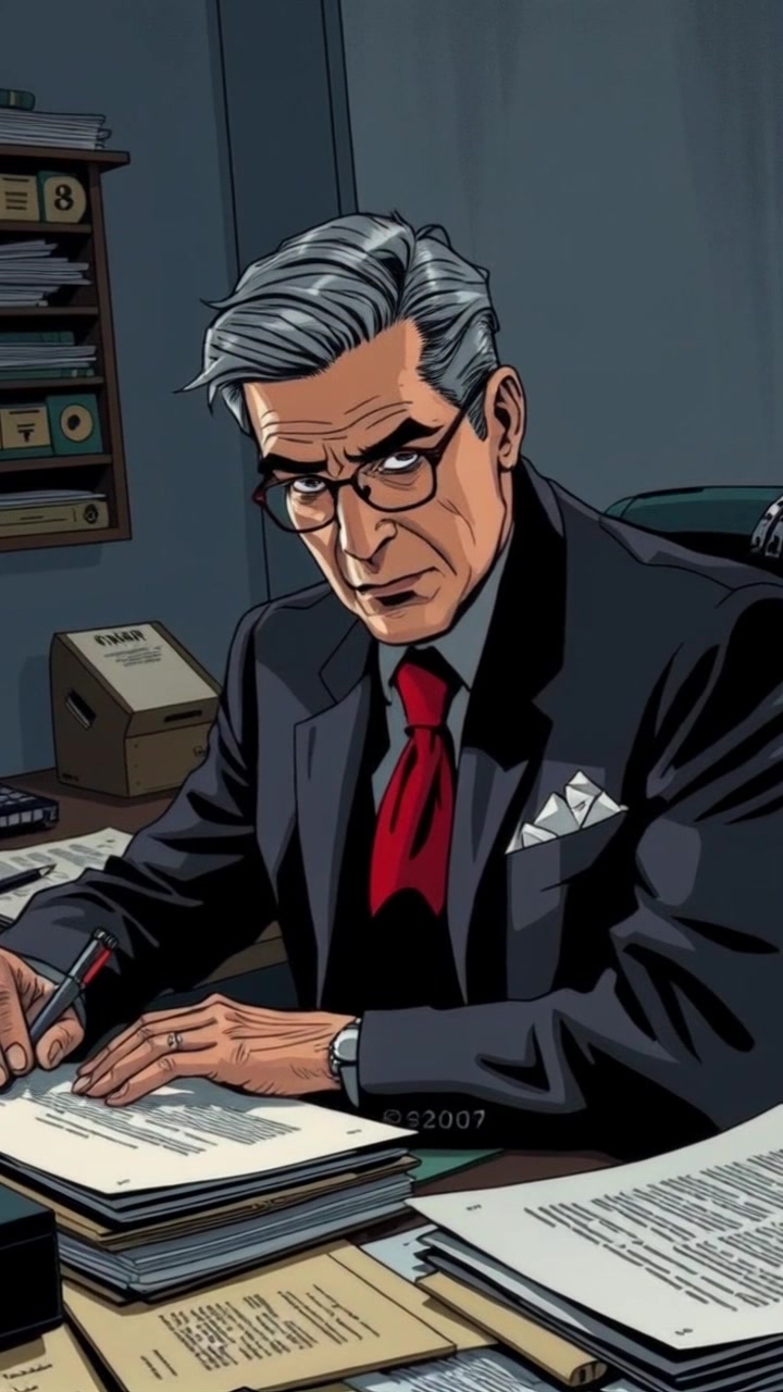 Subject: A pensive individual sits at a desk, surrounded by an array of documents and reports, lost in thought. Scene: A well-organized office space with bookshelves in the background, soft natural light filtering through a window, creating a serene atmosphere. Motion: The camera slowly push in to capture the subtle expressions and gestures of the subject, emphasizing the weight of the moment and the importance of the papers spread out before him.