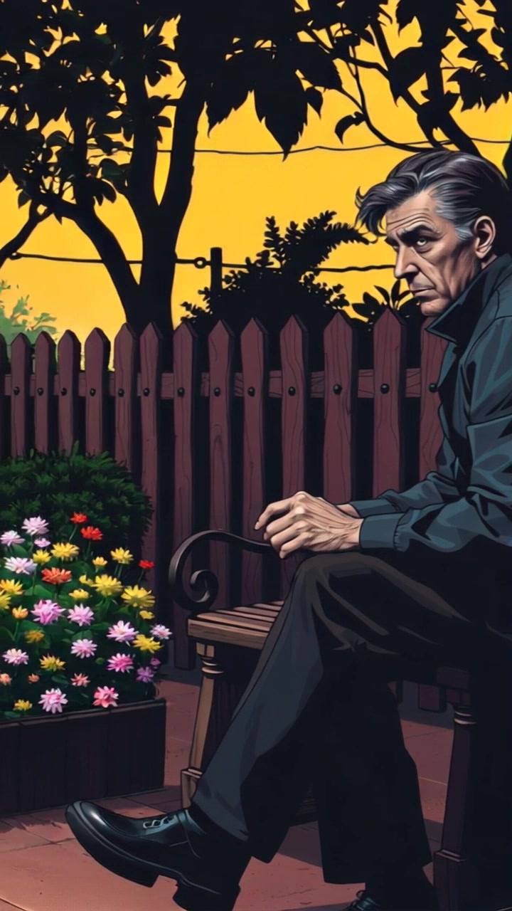 Subject: A man seated on a bench in a serene garden. Subject movement: He appears lost in thought, occasionally shifting his gaze across the blooming flowers. Scene: The peaceful garden is filled with colorful blossoms, greenery, and distant trees. Style: Soft, morning light illuminating the scene with a warm and inviting atmosphere. Motion: The camera gently pans around the man, capturing his contemplative expression while focusing on the vibrant garden surrounding him.