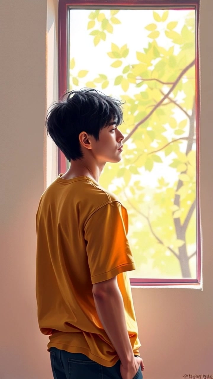 Subject: A person standing thoughtfully by a window. Subject movement: The person gazes out as a soft breeze rustles through their hair. Scene: A bright, minimalist room with sunlight streaming in, casting gentle shadows on the walls. Style: Morning light illuminating the space, creating a warm and inviting atmosphere. Motion: The camera begins with a medium shot of the person and slowly pushes in for a close-up on their contemplative expression, highlighting the reflections in the window.