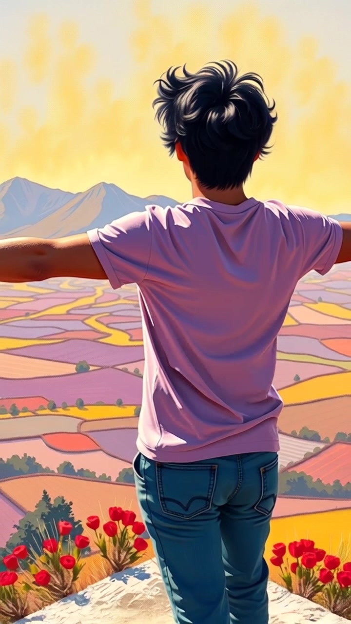 Subject: A person standing on a hilltop with their arms open wide, embracing the view. Subject movement: The person gently sways with the breeze, embodying a sense of freedom and connection to nature. Scene: A breathtaking landscape stretching out below, featuring rolling hills, lush greenery, and a distant mountain range under a vast blue sky. Style: Bright, natural sunlight illuminating the scene, creating a warm and uplifting atmosphere. Motion: The camera begins with a wide shot capturing the expansive view before slowly pushing in to frame the person, highlighting their joyous pose against the stunning backdrop.