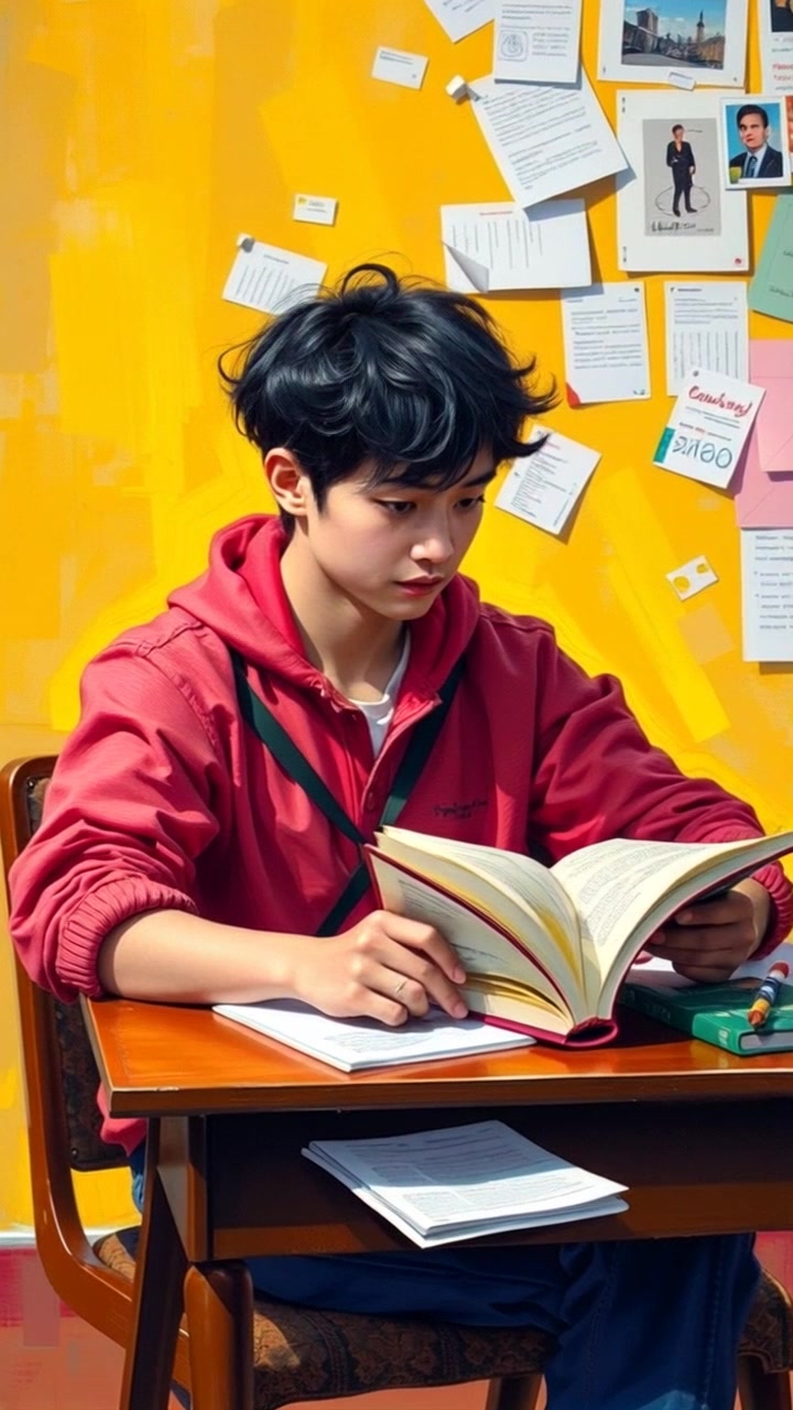Subject: A student intently focused on reading an open book at a cluttered desk. Subject movement: The student occasionally glances up thoughtfully, jotting notes with a pen in hand. Scene: Cozy study environment with notes and books scattered across the wooden desk, warm ambient light filtering in through a nearby window. Motion: Camera slowly pushes in for a close-up, capturing the student's expression and the details of the notes, while maintaining a soft focus on the background.