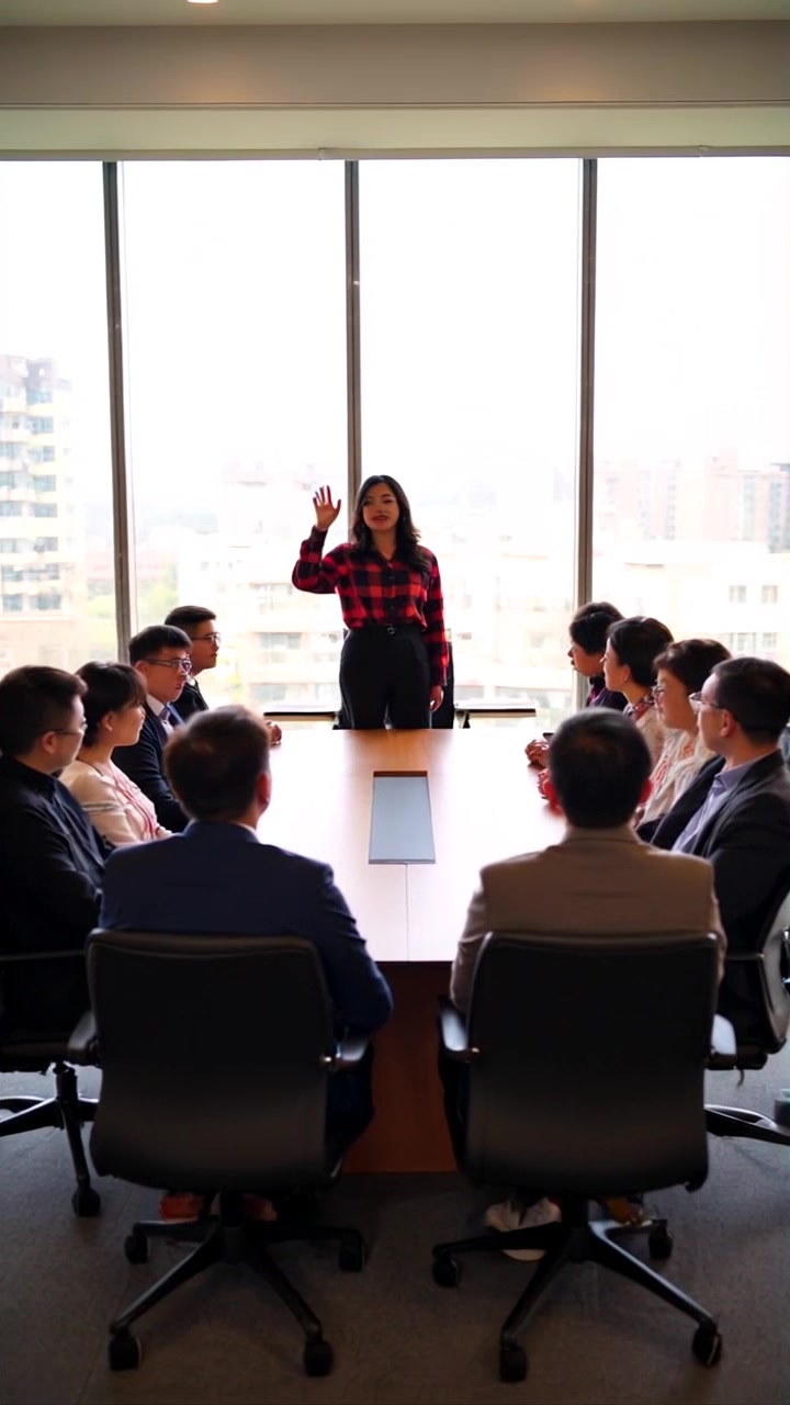 Subject: A confident presenter engaging with the audience. Subject movement: The presenter gestures animatedly, showcasing enthusiasm as she interacts with her audience. Scene: A modern conference room filled with attentive listeners, sitting at a large rectangular table. Style: Bright, natural lighting filtering through large windows, creating an uplifting atmosphere. Motion: The camera tracks in smoothly from the back of the room, capturing the presenter's dynamic movements and the group's reactions.