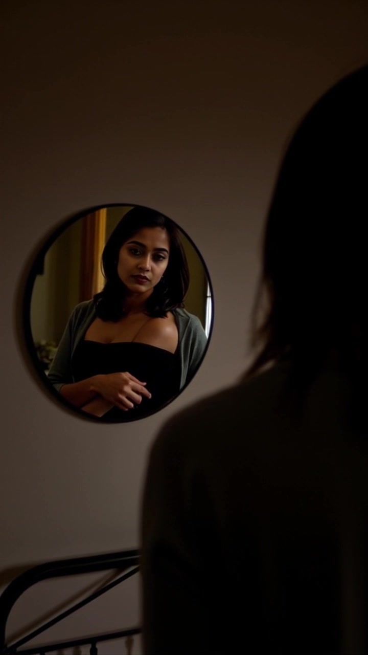 Subject: Priya standing in her bedroom. Subject movement: She examines herself in the full-length mirror, making subtle adjustments to her outfit. Scene: A cozy bedroom with soft lighting creating a serene atmosphere, adorned with personal touches. Motion: The camera slowly dolly-in towards Priya, capturing her reflection and the soft light around her, while gently shifting focus between her and the mirror.