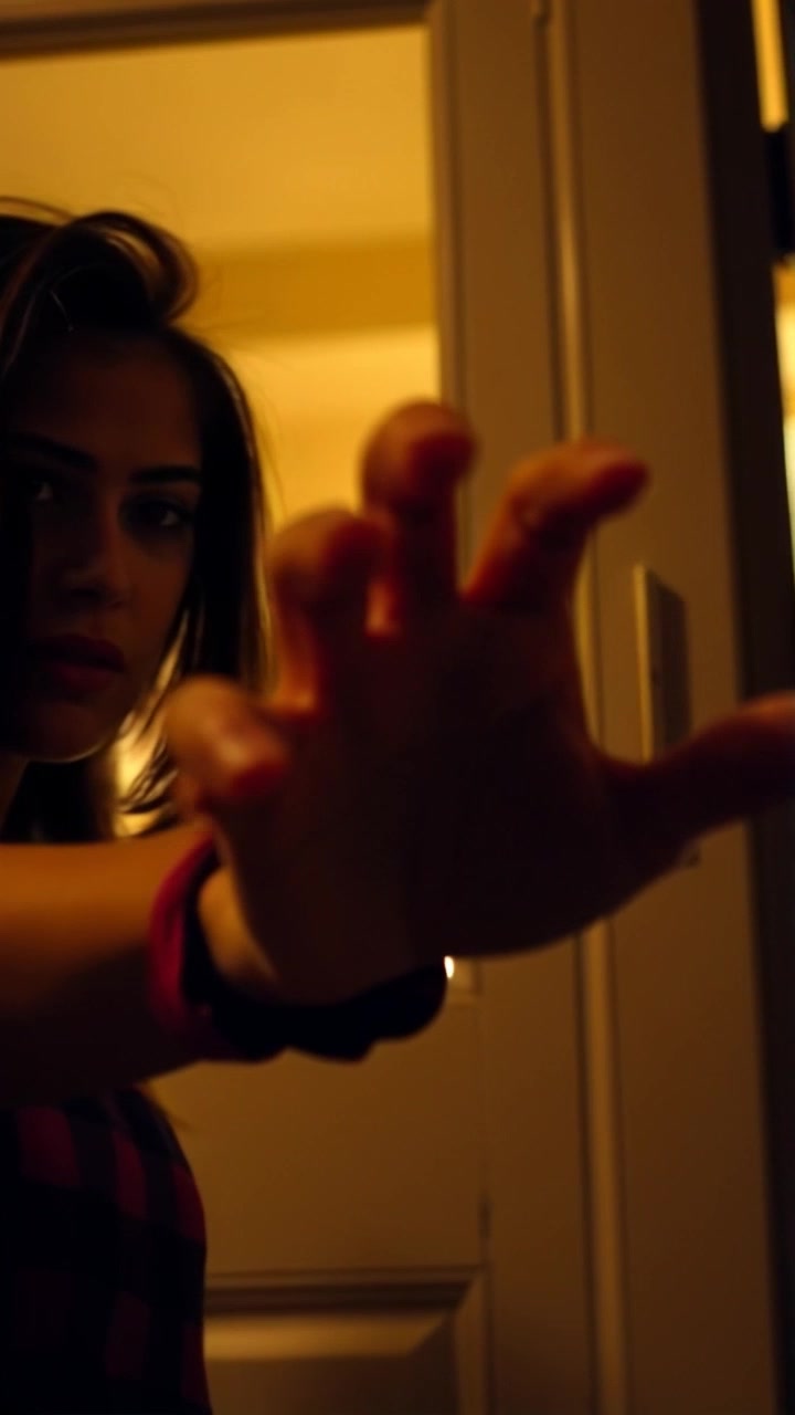 Subject: A hand reaching out toward an ajar door. Subject movement: The hand slowly advances, fingers curling slightly as if to push the door wider. Scene: Close-up of the hand at the threshold of a cozy, warmly-lit house. Style: Soft, inviting lighting that creates a sense of curiosity and anticipation. Motion: The camera gently zooms in on the hand as it nears the door, capturing the fine details of the skin and the texture of the doorframe.
