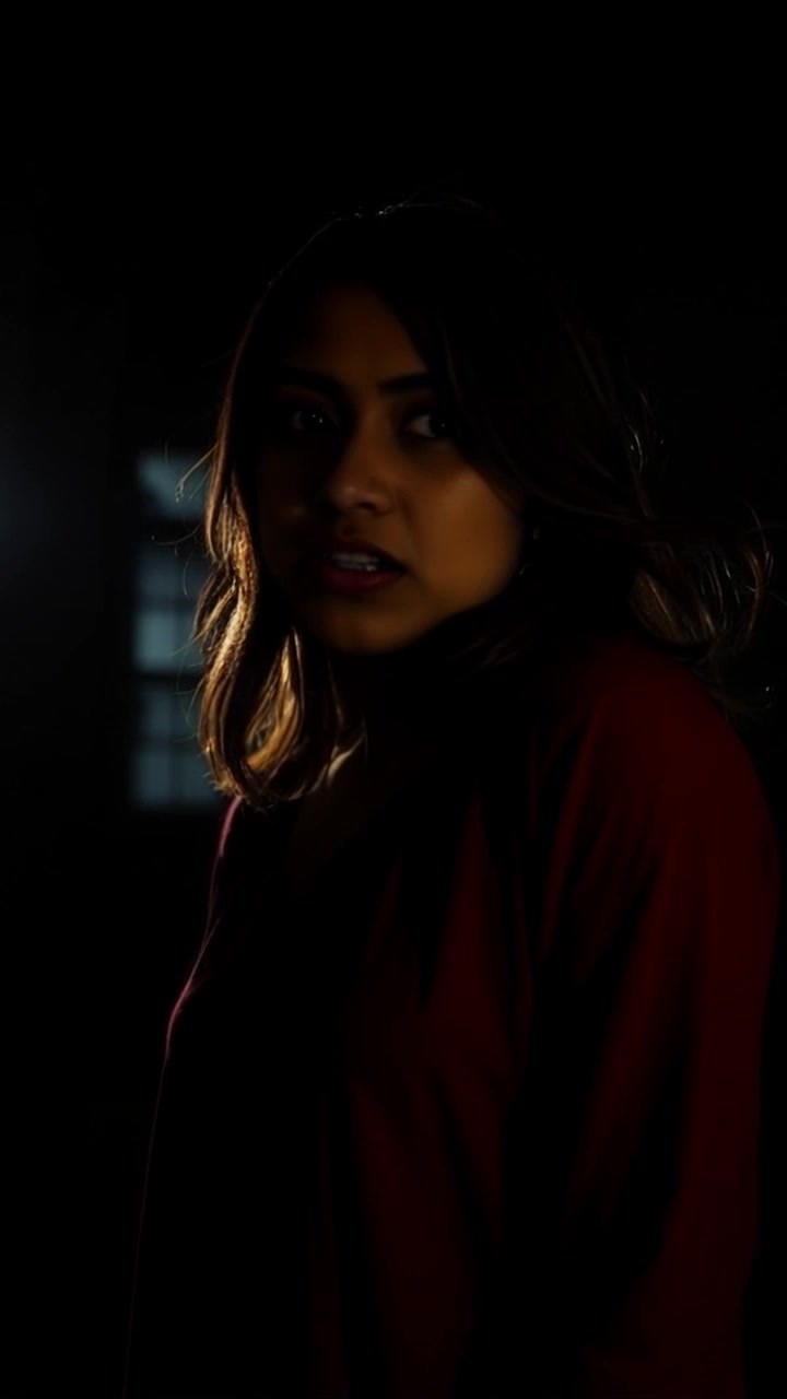 Scene: A dark, shadowy room filled with flickering light, revealing glimpses of unsettling details as tension builds. Atmosphere: An intense and eerie atmosphere, heightened by the sound of Priya's scream echoing in the silence. Motion: The camera shakes slightly, capturing quick pans across the room to emphasize the unsettling environment while the light continues to flicker ominously.