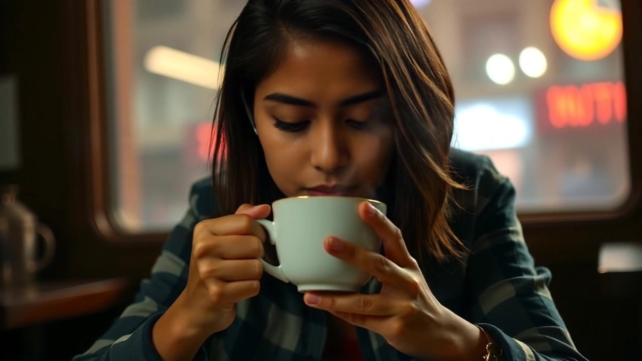 Scene: A close-up on hands delicately cradling a cup of steaming tea at a cozy wooden table. Style: Warm morning light softly illuminating the tea's steam, with inviting shadows playing across the surface. Motion: The camera gradually pushes in closer, capturing the intricate details of the cup and the gentle swirl of steam rising into the air.
