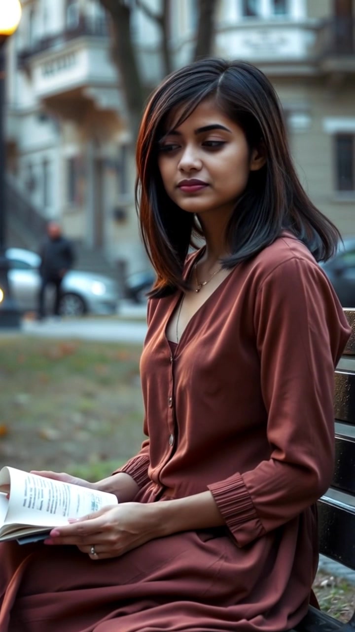 Subject: A woman sitting on a park bench, holding a book and appearing contemplative. Subject movement: She gently flips the pages of the book while glancing around thoughtfully. Scene: A tranquil park setting with lush greenery, soft sunlight filtering through the trees, and a serene pond in the background. Style: Warm, dappled lighting highlighting the peaceful atmosphere. Motion: Camera slowly pushes in from a distance, focusing on her thoughtful expression as the ambient sounds of nature softly fill the scene.