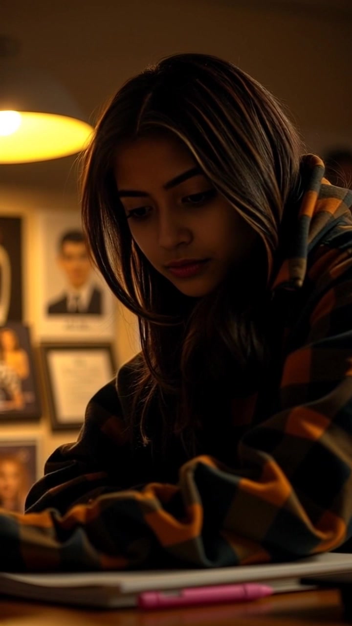 Scene: A cozy, dimly lit study space late at night, featuring a desk strewn with books and papers. Style: Soft, warm lighting casts gentle shadows, creating an intimate atmosphere. Motion: Camera slowly pushes in towards Priya's focused face, highlighting her concentration as she studies, while the background blurs softly, emphasizing the calmness of the night.