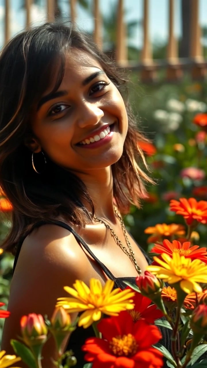 Subject: A joyful woman named Priya, smiling brightly. Subject movement: She twirls gently amidst a vibrant garden, the flowers blooming around her. Scene: A sunny garden filled with a riot of colors from various flowers in full bloom, with lush green foliage framing the background. Style: Radiant sunlight illuminating the scene, casting soft shadows and enhancing the vivid colors of the flowers. Motion: Camera pans slowly around Priya as she spins, capturing the warmth of her smile and the beauty of the garden in a serene, inviting atmosphere.