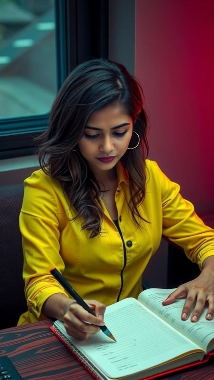 Subject: A focused individual writing poetry at a desk. Subject movement: Priya leans slightly forward as she writes intently in her open notebook. Scene: A cozy study filled with books and warm decor, gentle afternoon light filtering through a nearby window. Motion: The camera slowly zooms in on Priya's concentrated expression, blurring the background softly, creating an intimate atmosphere while ambient light enhances the warm, inviting tones of the space.