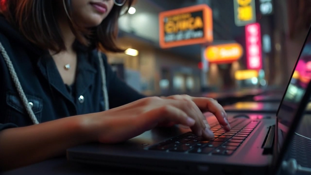 Scene: A close-up of hands typing intently on a laptop keyboard in a cozy, well-lit workspace. Style: Soft, ambient light casting gentle shadows, highlighting the texture of the hands and keyboard. Motion: Camera slowly pushes in to focus on the hands, capturing the rhythm of typing as fingers dance across the keys.