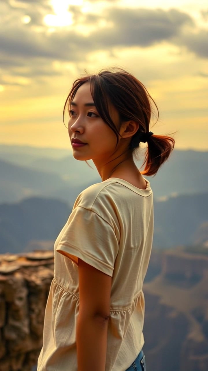 Subject: A young woman standing confidently on a cliff. Subject movement: She gazes thoughtfully over the expansive landscape below, her silhouette framed against the vast horizon. Scene: A breathtaking view of mountains stretching into the distance, enhanced by a dramatic sky transitioning from daylight to dusk. Style: Warm sunset lighting illuminating the cliffside, casting soft shadows and a golden glow on the scene. Motion: The camera gently tilts up from the mountains, revealing the woman's profile against the sprawling vista as the light fades, creating a serene and reflective atmosphere.