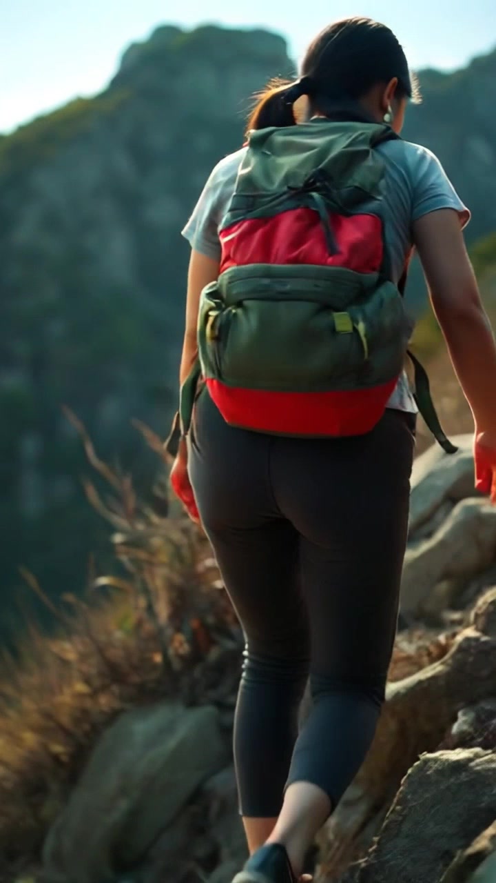 Subject: A determined hiker navigating a steep, rocky terrain. Subject movement: Mei climbs steadily upward, showcasing her perseverance as she pushes through the challenging landscape. Scene: Rugged mountain path under a clear blue sky, with rocky outcrops and sparse vegetation. Style: Bright sunlight illuminating the terrain, creating strong contrasts that highlight the textures of the rocks. Motion: Camera follows Mei in a dynamic tracking shot from the side, capturing her focused expression and strides as she conquers the slope.