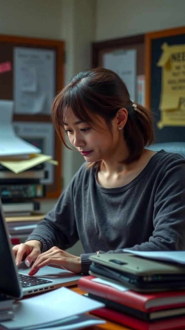 Subject: A woman sitting at a desk cluttered with papers and a laptop. Subject movement: She shifts nervously, tapping her fingers on the desk and glancing at the screen with a furrowed brow. Scene: A cozy office space, filled with papers that hint at a heavy workload. Lighting: Soft, ambient light filtering through a window, casting gentle shadows that emphasize her stressed expression. Motion: Camera slowly pushes in to capture her anxious demeanor, creating a sense of intimacy as the surrounding clutter is revealed.