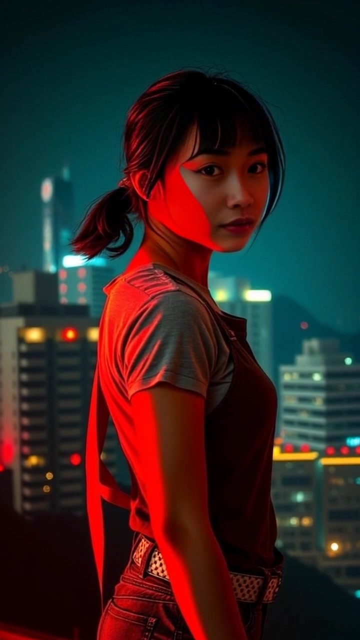 Subject: Mei standing on a hilltop. Subject movement: Mei gazes confidently into the distance, her posture strong and unwavering. Scene: A panoramic view from the hilltop, featuring lush valleys and distant mountains under a bright, blue sky. Style: Soft morning light illuminating the landscape, enhancing its freshness. Motion: Camera slowly pushes in from a wider shot, focusing on Mei's determined expression while capturing the sweeping beauty of the surroundings.