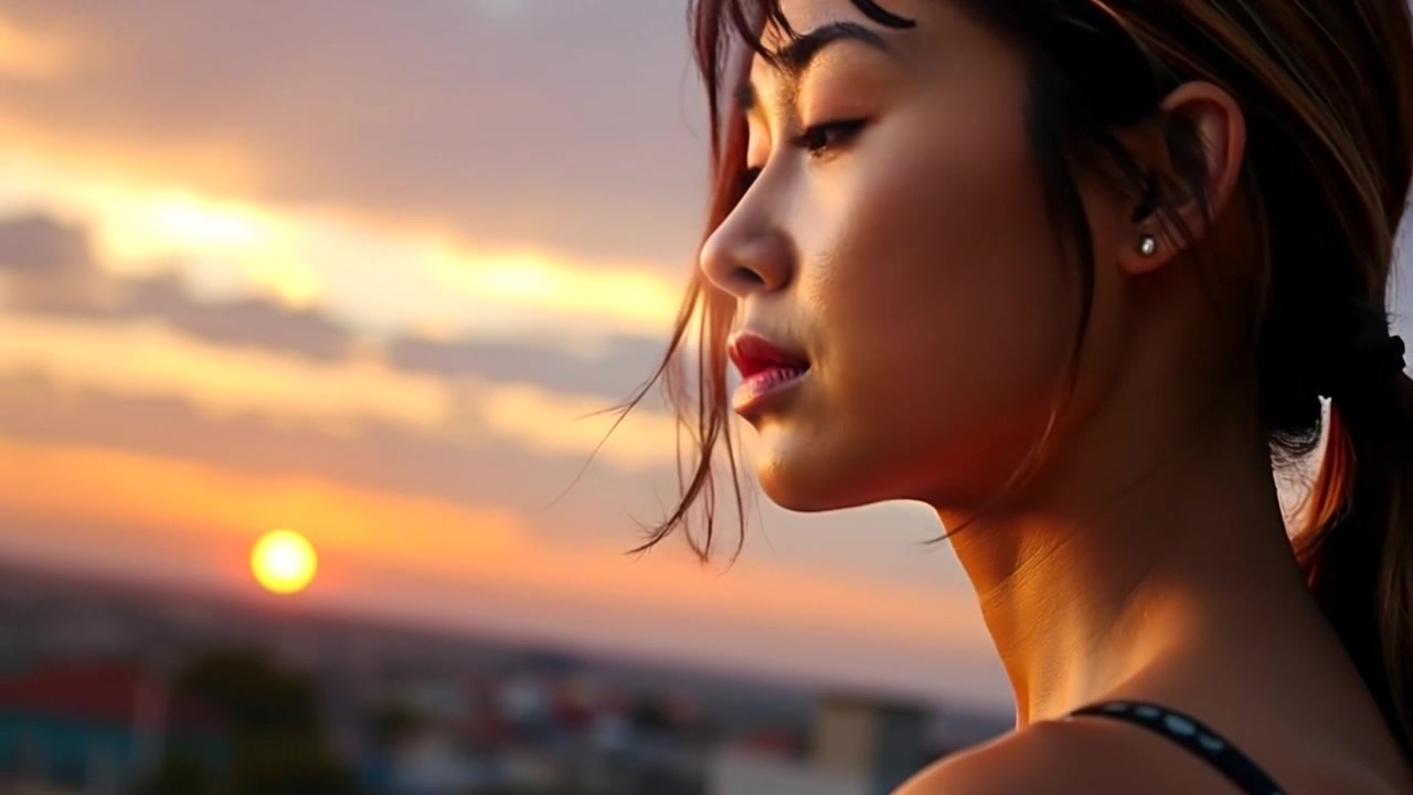 Subject: A person lost in thought. Subject movement: Mei stands still, gazing contemplatively towards the horizon as the warm hues of the sunset envelop her. Scene: A serene view of a coastline at sunset, with waves gently lapping at the shore and silhouetted clouds in a vivid sky. Lighting: Soft, golden sunlight casts a warm glow, creating a peaceful atmosphere. Motion: The camera slowly pushes in, capturing Mei's silhouette against the breathtaking backdrop, emphasizing her introspective moment.