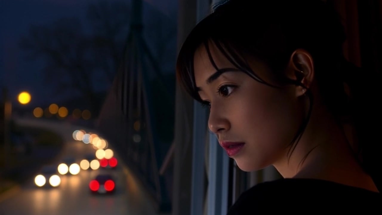 Scene: Mei gazing out the window with a sad expression, illuminated by the soft glow of streetlights in the darkness. Style: Dim lighting creates a moody atmosphere, emphasizing the contrast between the warm light outside and the cool shadows inside. Motion: Camera slowly pushes in on Mei's reflection in the glass, capturing the distant streetlights flickering as the outside world moves by, creating a sense of longing.