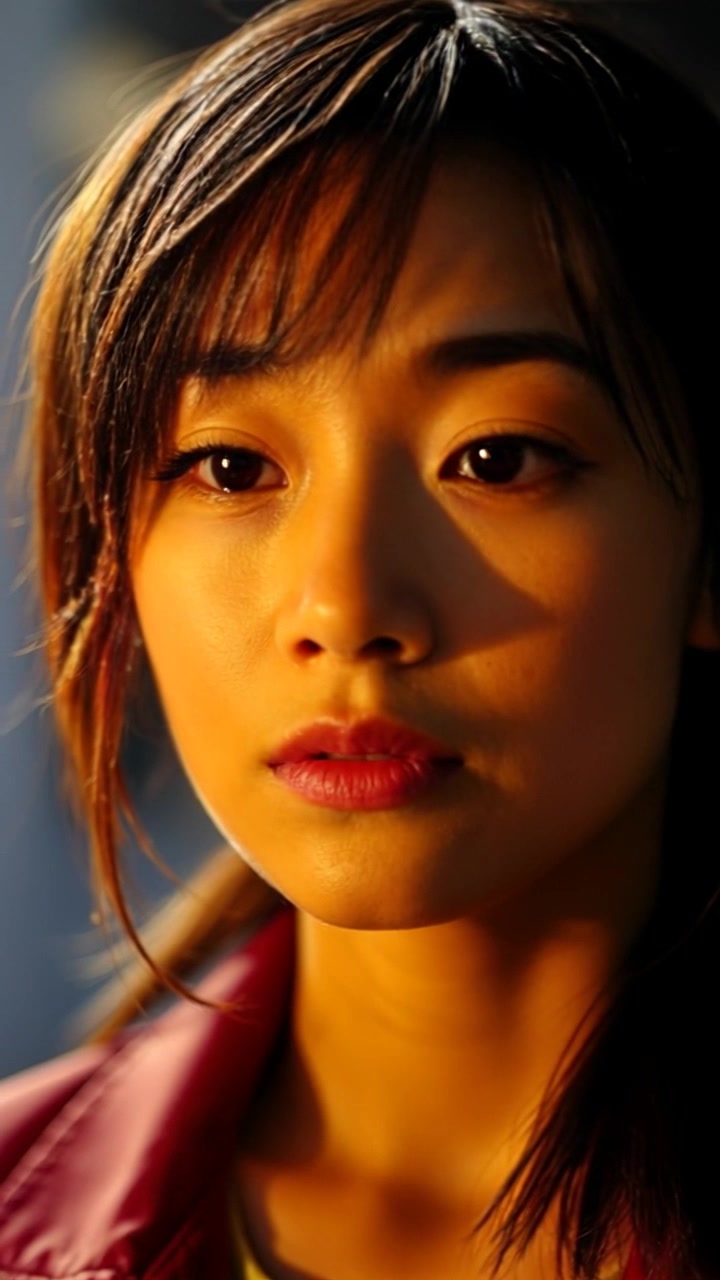 Subject: A woman lost in thought, with a subtle expression of nostalgia on her face. Scene: Close-up of her face against a softly blurred background that hints at a warm, sunlit room. Style: Warm morning light creating gentle highlights on her features, evoking an inviting and reflective atmosphere. Motion: Camera slowly pushes in on her face, capturing the intricate details of her expression as her eyes seem to flicker with memories.