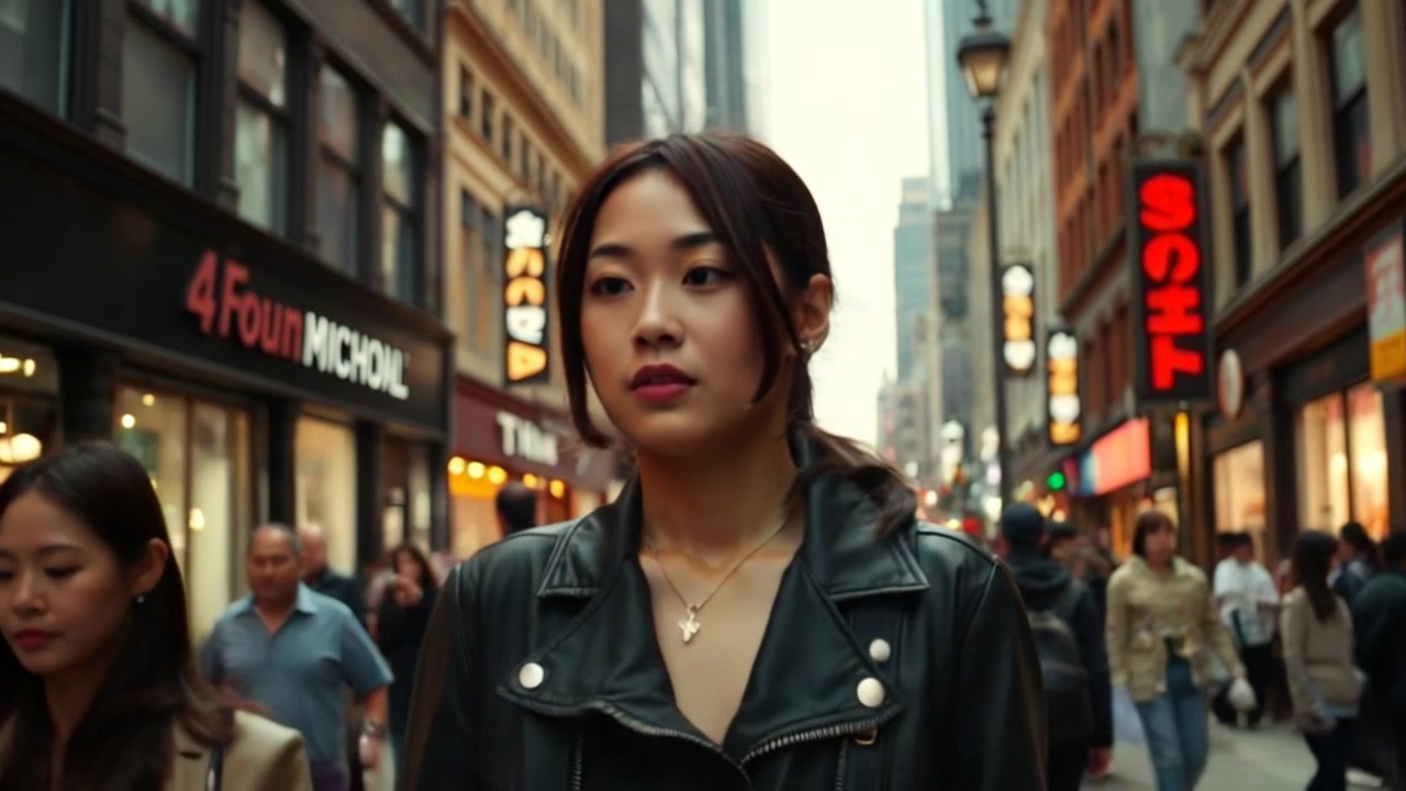 Subject: Mei walking with purpose through a bustling city street filled with diverse crowds and towering skyscrapers. Subject movement: She navigates confidently among the fast-paced flow of pedestrians. Scene: A vibrant urban environment teeming with life, richly detailed with shops and street vendors. Lighting: Bright midday sun casts energetic shadows on the pavement. Motion: The camera follows Mei's movement with a dynamic tracking shot that weaves through the crowd, capturing the essence of city life around her.