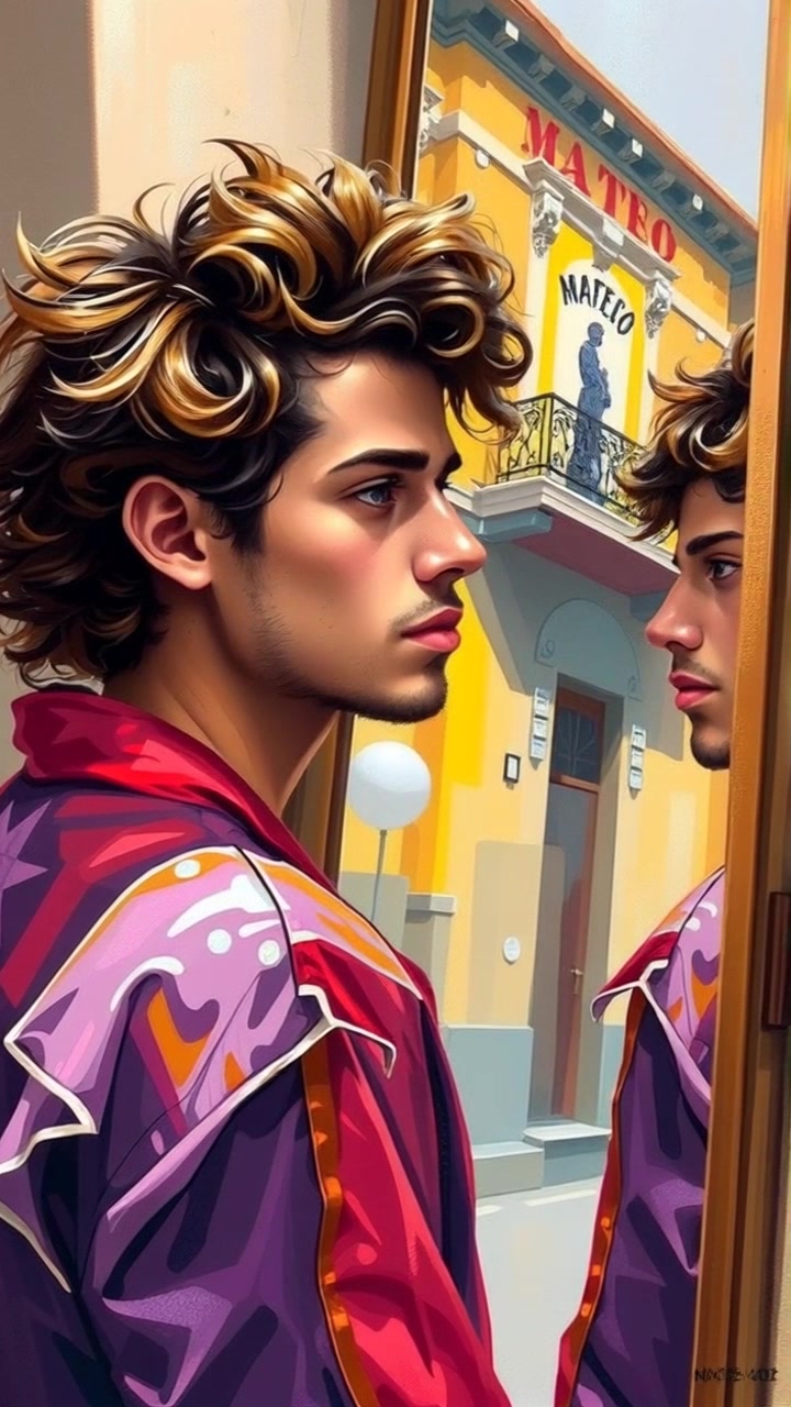 Subject: A person embodying determination, standing in front of a large mirror. Scene: A well-lit, modern room with a stylish mirror reflecting the subject's intense expression. Style: Bright, focused lighting that highlights the subject's features, creating a defined atmosphere of purpose. Motion: Camera performs a slow push-in towards the mirror, capturing the subject's gaze and the subtle determination in their stance.