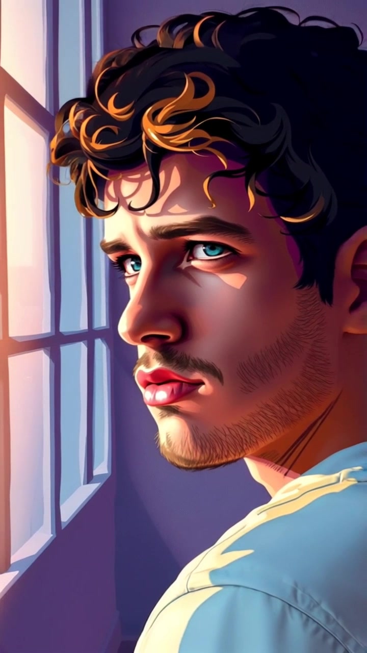 Subject: A focused young man gazing longingly through a window. Subject movement: His expression shifts from anticipation to disappointment as he watches the world outside. Scene: Intimate indoor setting, soft light filtering through the glass, casting gentle shadows on his face. Style: Warm, inviting evening light, creating a cozy yet yearning atmosphere. Motion: Camera zooms in slowly on his face, highlighting his emotional connection to the scene outside, before panning to reveal the outside world just beyond the glass.