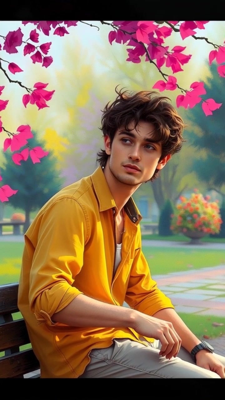 Subject: A person sitting on a park bench. Subject movement: The individual takes a deep breath, shifting slightly as they reflect. Scene: A tranquil park setting with trees swaying gently in the breeze, colorful flowers dotting the landscape. Style: Soft, morning light filtering through the leaves, creating dappled shadows on the ground. Motion: The camera smoothly pushes in on the person sitting on the bench, capturing their contemplative expression, then gently tilts to reveal the serene surroundings.