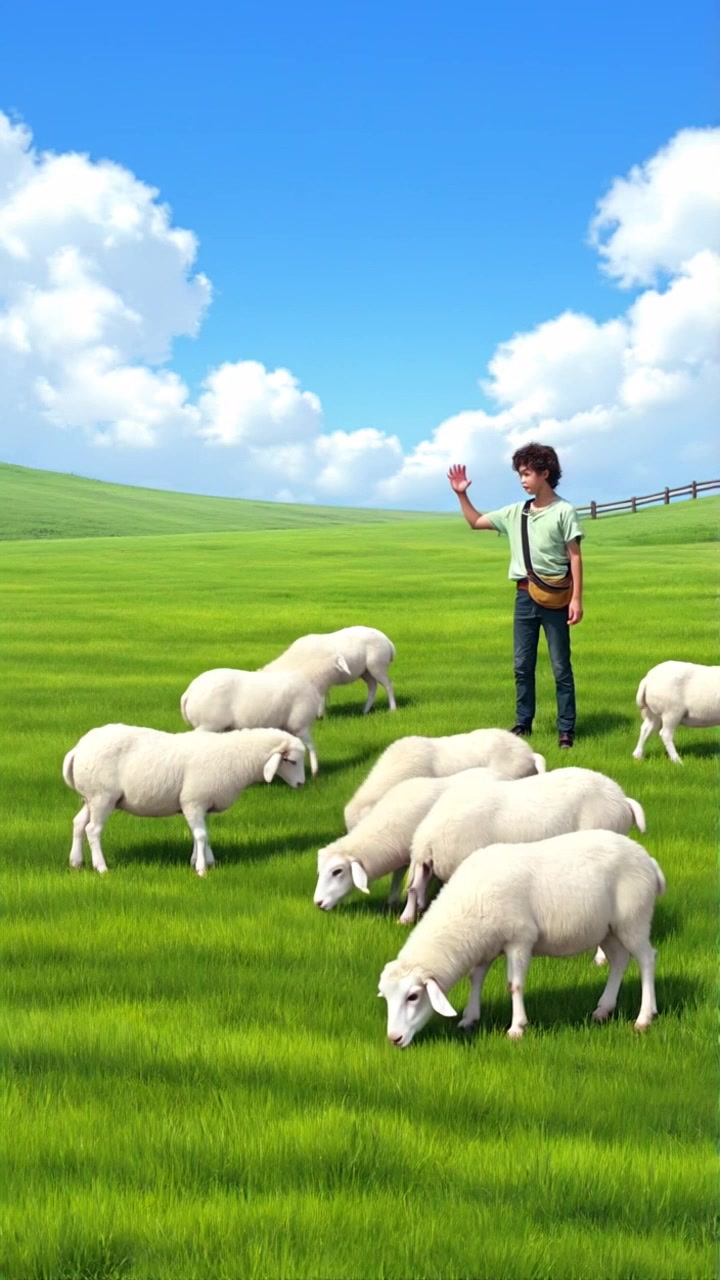 Subject: A young shepherd boy surrounded by his flock of sheep. Subject movement: Mateo waves his hand to call the sheep as they graze peacefully in the verdant grass. Scene: A serene grassy field under a clear blue sky, dotted with fluffy white clouds in the distance. Style: Soft, natural lighting evokes a tranquil atmosphere, enhancing the lush greens of the field. Motion: Camera pans smoothly across the scene, capturing the gentle movement of the sheep and the boy's interactions with them.