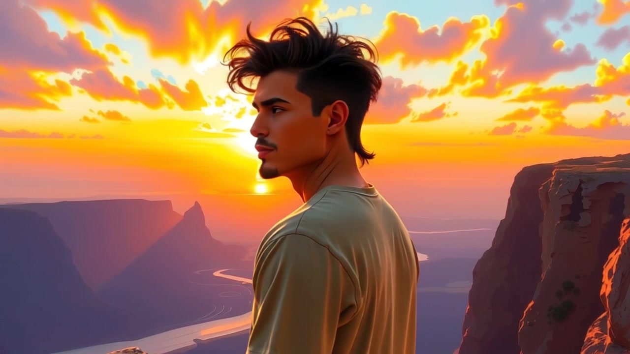 Subject: Putra standing confidently at the edge of a cliff. Subject movement: He gazes forward, taking in a vibrant sunset that paints the sky with hues of orange and purple. Scene: Cliffside with a breathtaking sunset in the background. Style: The warm glow of sunset casts a golden light across the landscape, creating a hopeful atmosphere. Motion: Camera slowly pans out, capturing the expansive view of the horizon while keeping Putra framed prominently in the foreground.