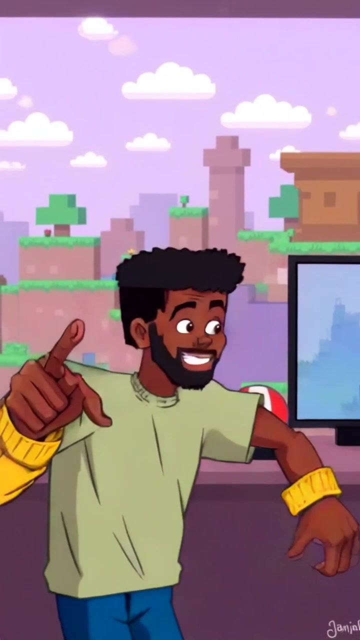 Subject: A person pointing excitedly at a screen filled with vibrant pixelated Minecraft graphics. Subject movement: The person gestures energetically, their hand moving swiftly towards the screen as they express enthusiasm. Scene: An immersive gaming setup with a bright, animated display of Minecraft. Style: Neon lighting that pulses with the colors of the game, creating an energetic atmosphere. Motion: The camera zooms in dynamically on the hand gesture, then pulls back to reveal the gaming environment in full view, matching the excitement of the moment.