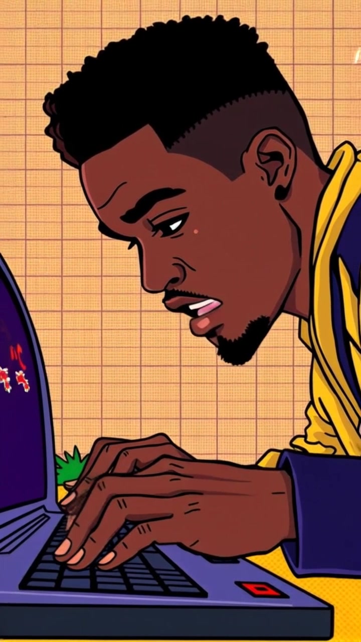 Scene: A close-up of focused hands typing intensely on a keyboard while engaging in a video game. Style: Ambient lighting with a soft glow from the computer screen, casting subtle reflections on the hands. Motion: Camera zooms in slightly to capture the rapid finger movements, then pulls back to reveal the intensity of the gaming environment.